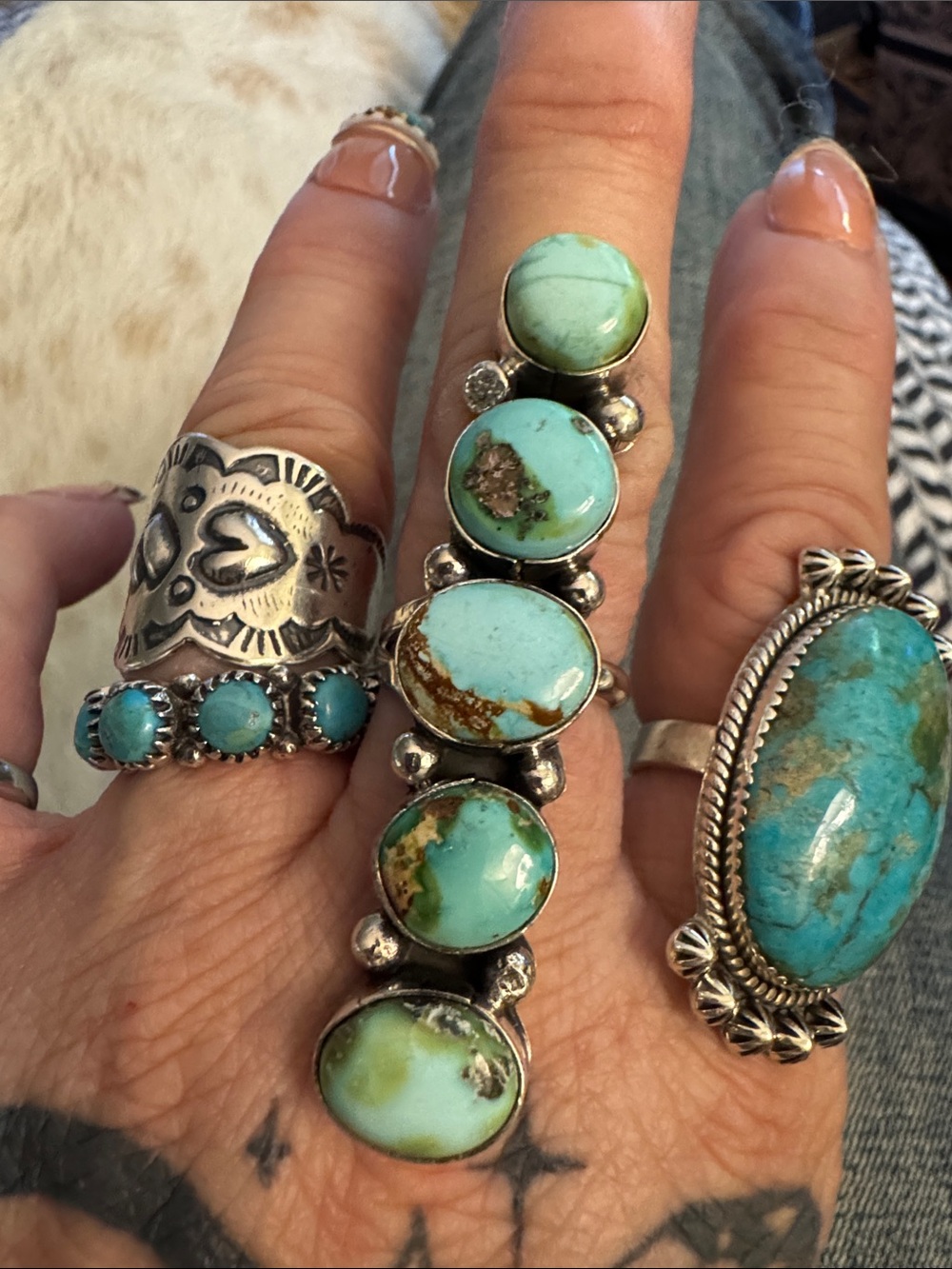 Native made/signed Sonoran Turquoise crawler Statement Ring Silver 925  Setting